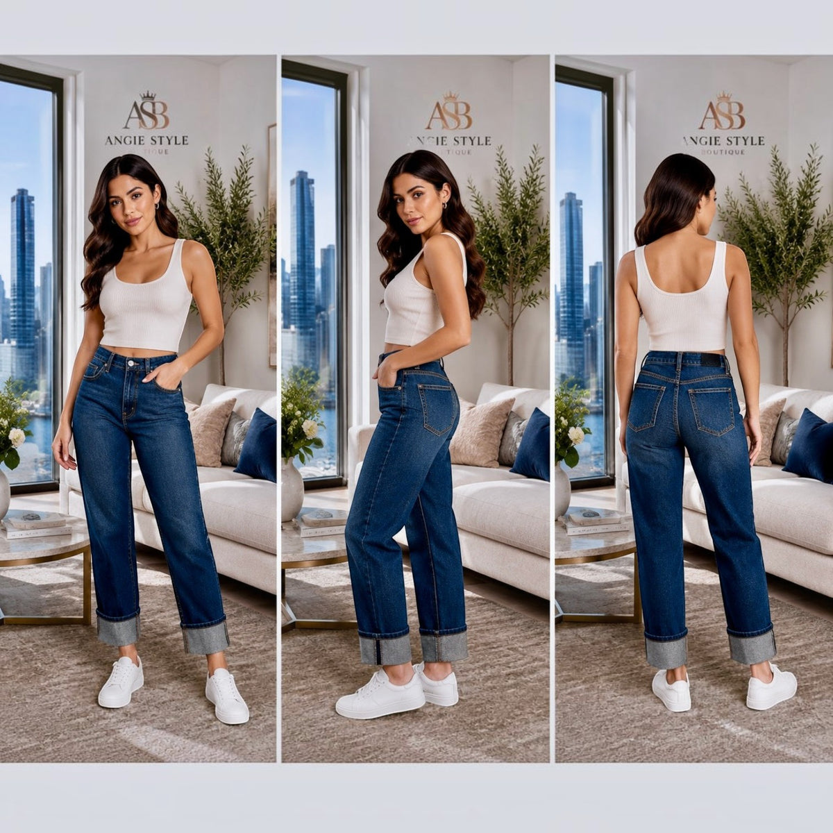 High-Rise Cuffed Straight-Leg Jeans