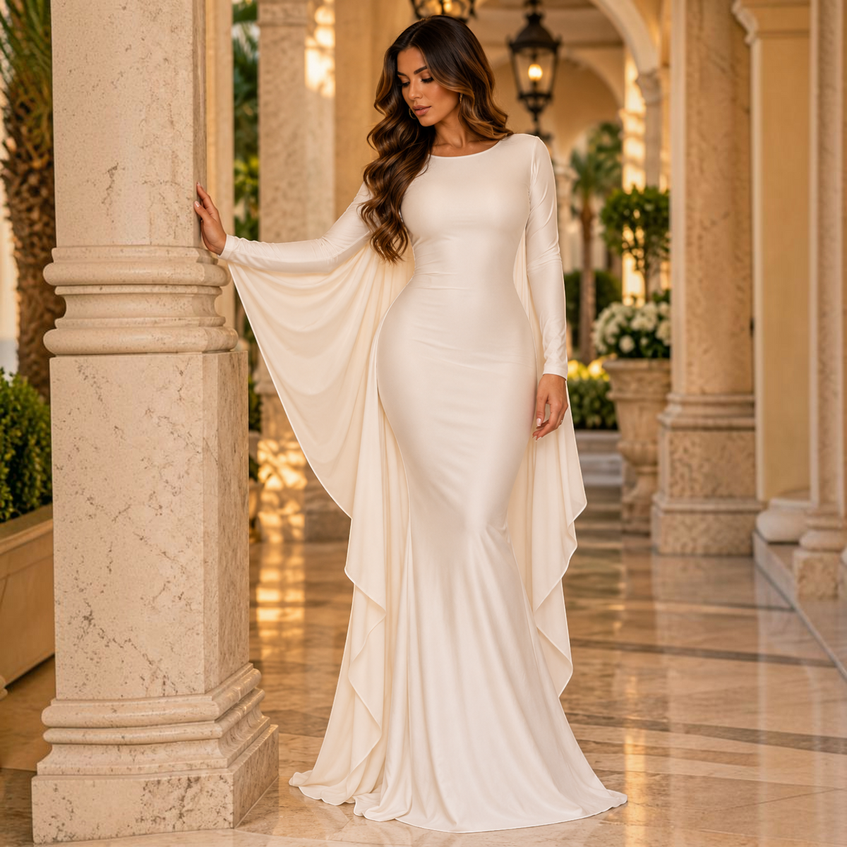 Angie Style Boutique off-white long-sleeve maxi dress with draped side cape panels in a formal column silhouette