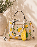 Cream Lemon Print Top-Handle Handbag with Lemon Charm