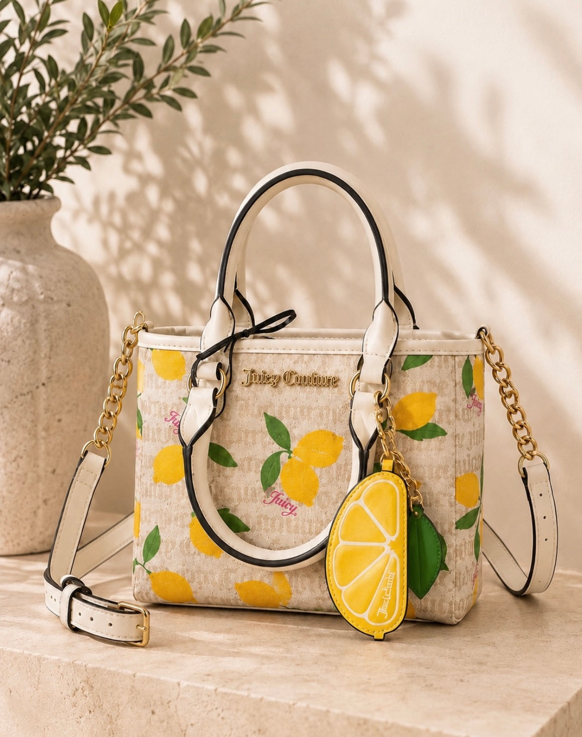 Cream Lemon Print Top-Handle Handbag with Lemon Charm