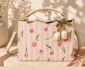 Cream Floral Print Top-Handle Handbag with Tulip Charm
