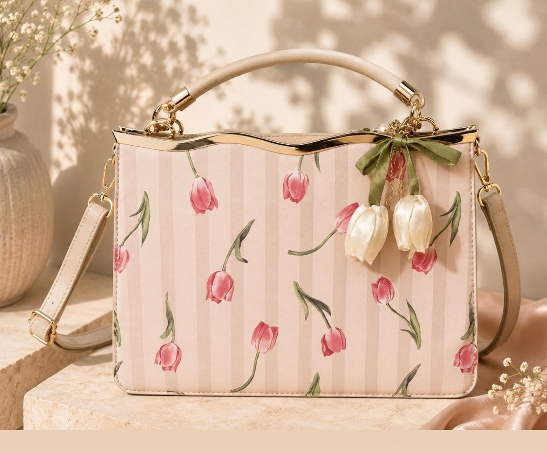 Cream Floral Print Top-Handle Handbag with Tulip Charm