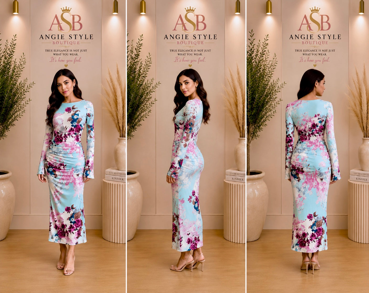 Floral Long Sleeve Ruched Maxi Dress