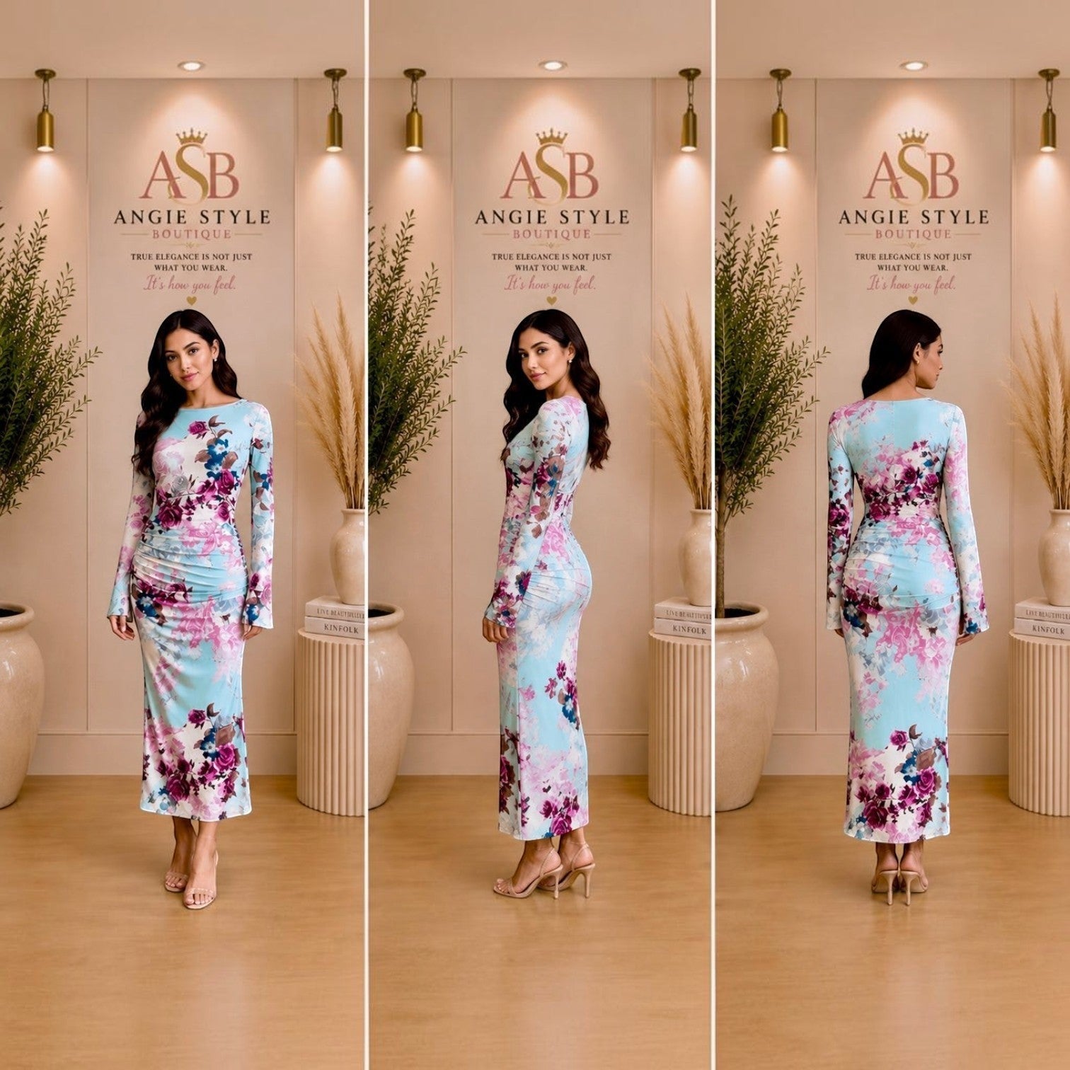Floral Long Sleeve Ruched Maxi Dress