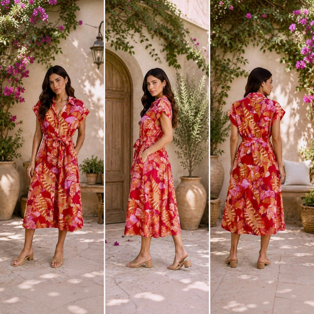 Tropical Print Belted Midi Dress