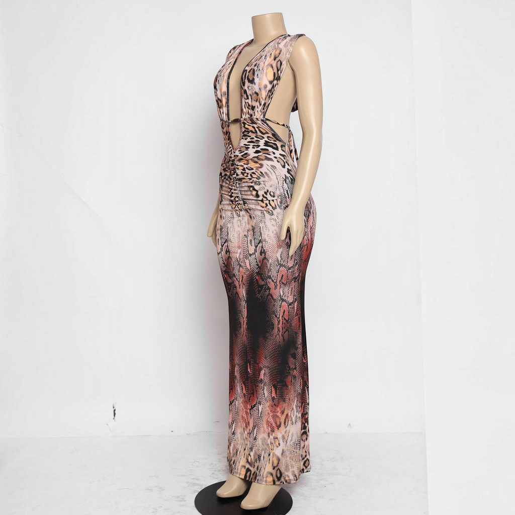 Angie Style Boutique brown multi-animal print maxi dress with a deep V halter neckline and off-shoulder silhouette.