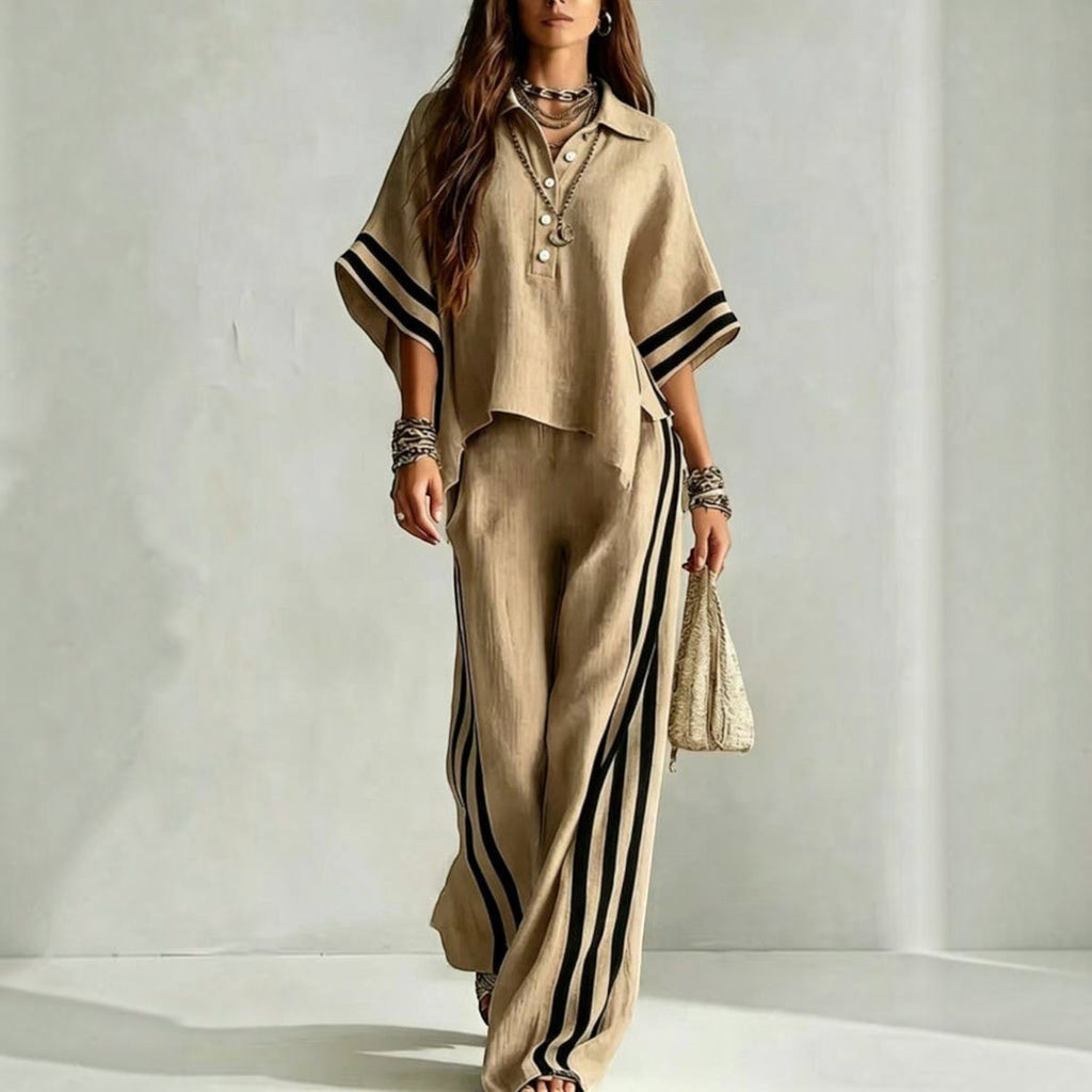 Angie Style Boutique beige short-sleeve button shirt and wide-leg trousers co-ord set with black side stripes