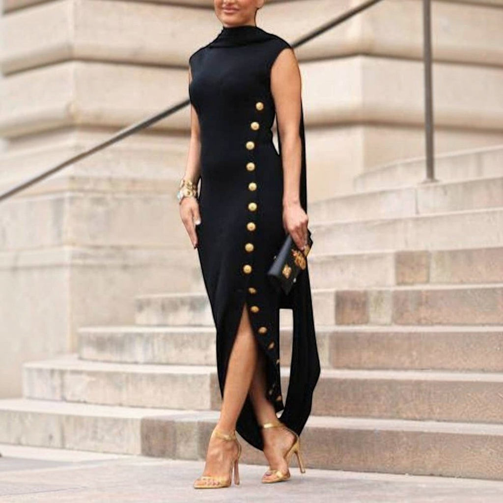 Angie Style Boutique black sleeveless maxi dress with shawl collar, side split, and decorative gold buttons