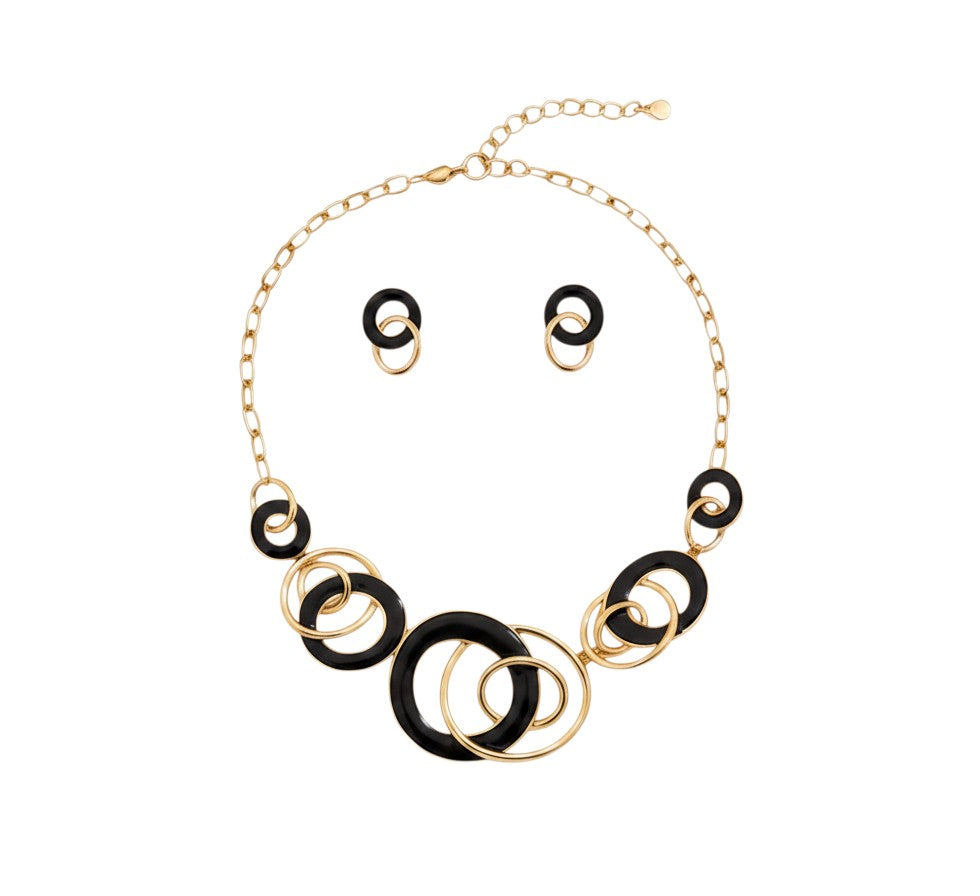 Angie Style Boutique black and gold enamel circle necklace and matching drop earring jewelry set