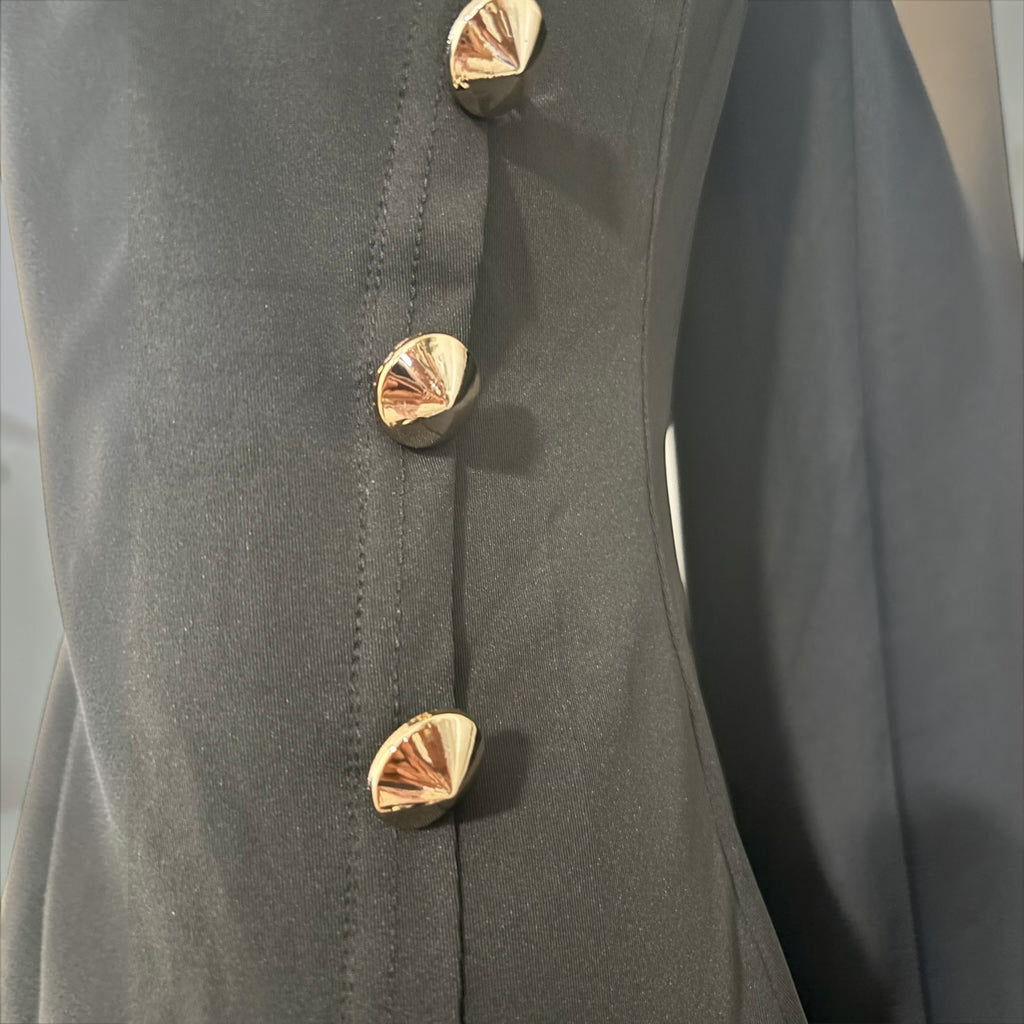 Angie Style Boutique black cotton-blend maxi dress featuring a shawl collar and three decorative gold buttons