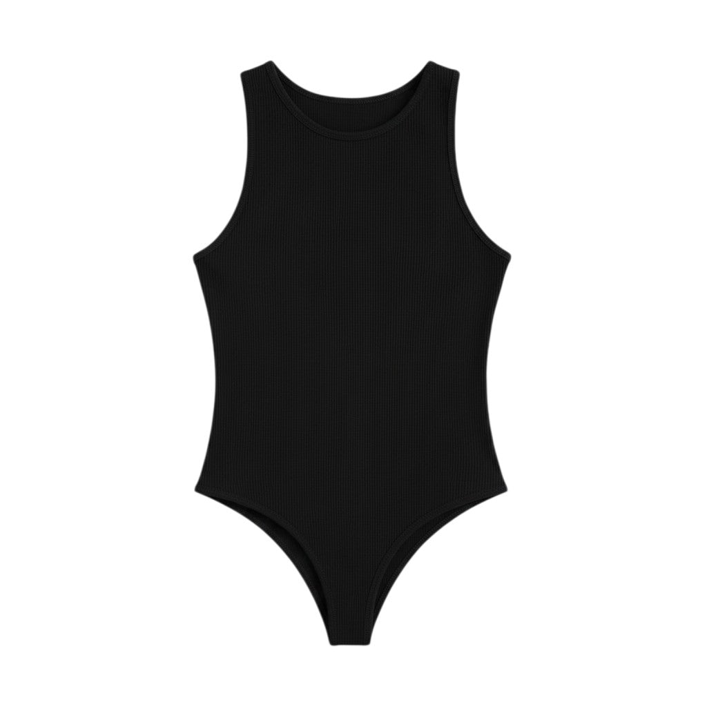 Angie Style Boutique black sleeveless ribbed bodysuit with a high crew neckline in a stretchy knit fabric.