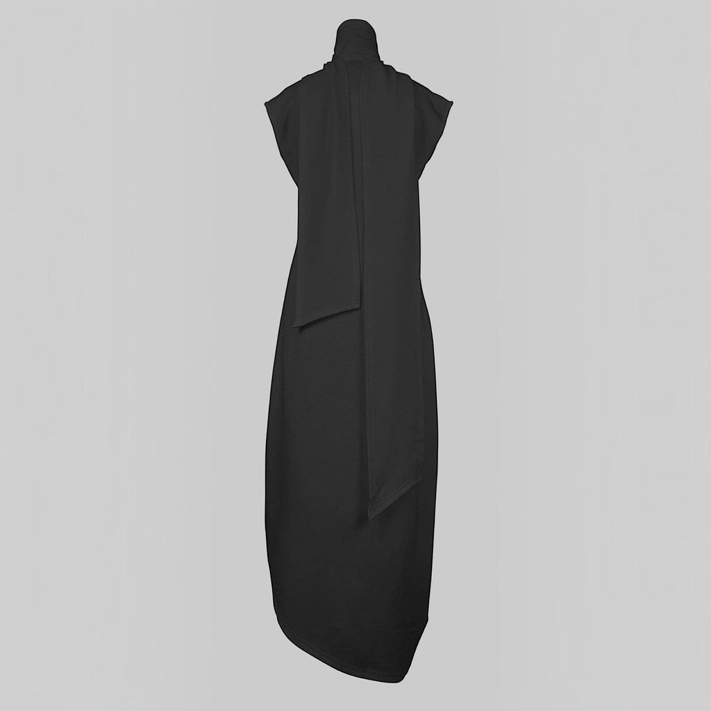 Angie Style Boutique black sleeveless maxi dress with a shawl collar and split-side design in cotton-blend fabric.