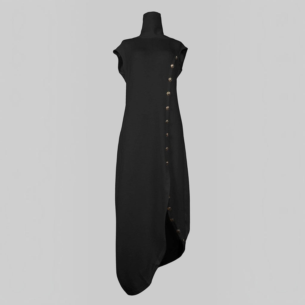 Angie Style Boutique black sleeveless cotton-blend maxi dress with a shawl collar and side button detail.