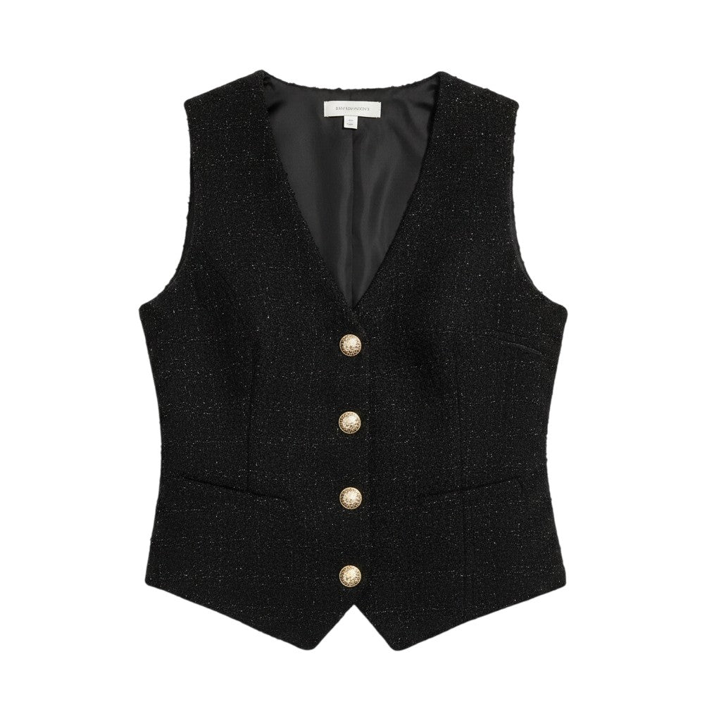 Angie Style Boutique black textured V-neck vest with pearl-inspired buttons and a tailored silhouette.