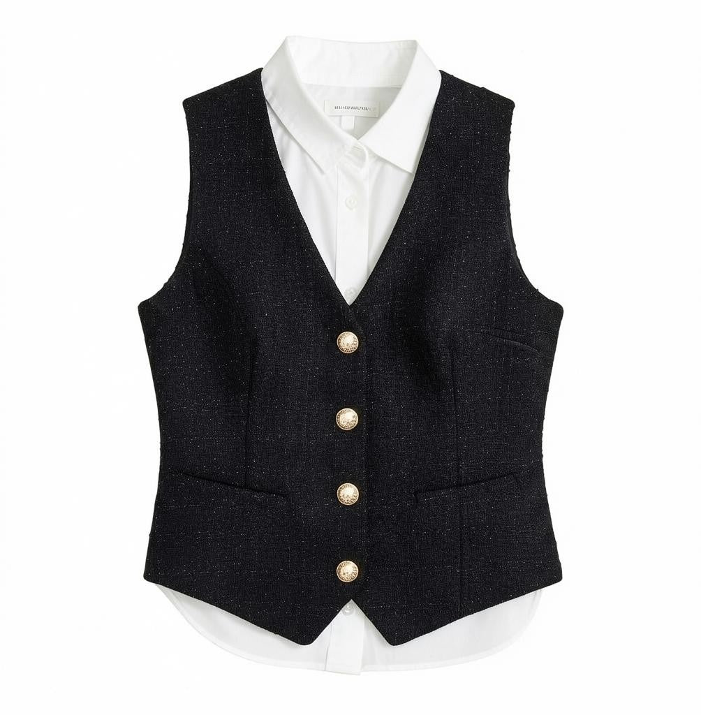 Angie Style Boutique black textured V-neck vest with gold pearl-inspired buttons layered over a white shirt.