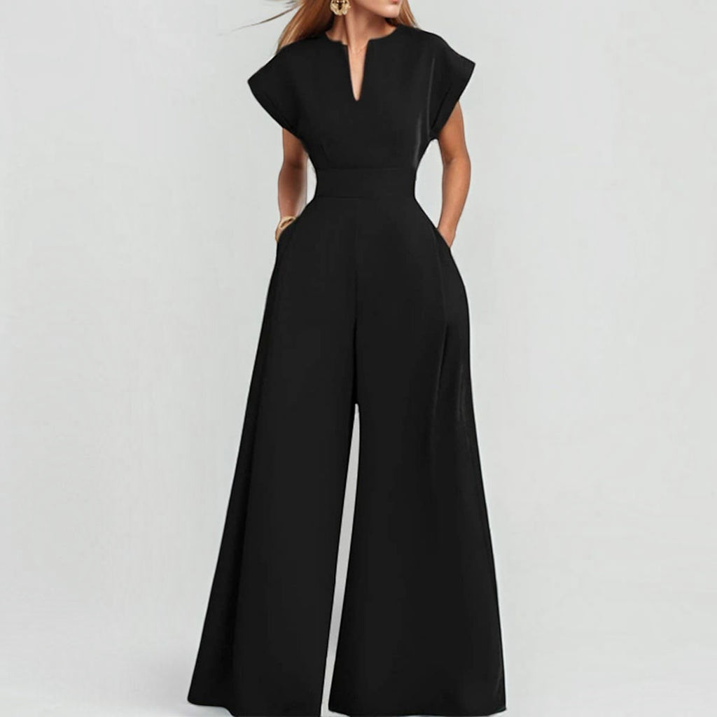 Angie Style Boutique black high-waist wide-leg jumpsuit with a flattering V-neckline and short sleeves.