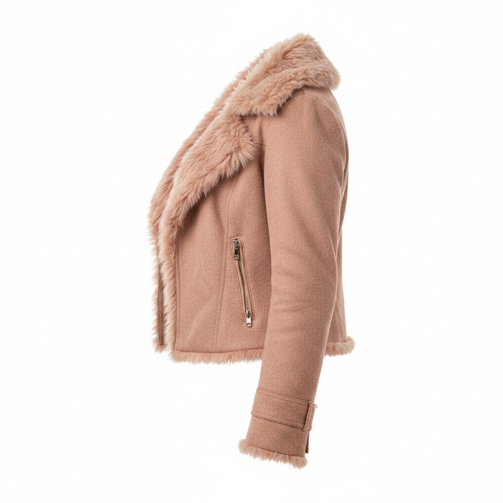 Angie Style Boutique blush faux suede moto jacket with faux fur trim and side zip pocket, side view.