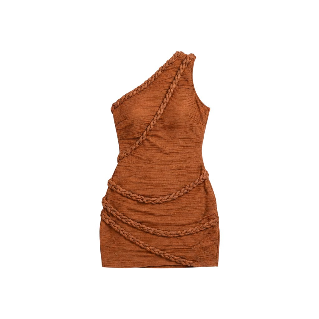 Angie Style Boutique bronze one-shoulder mini dress with braided strap detailing and side ruching in shimmer fabric.