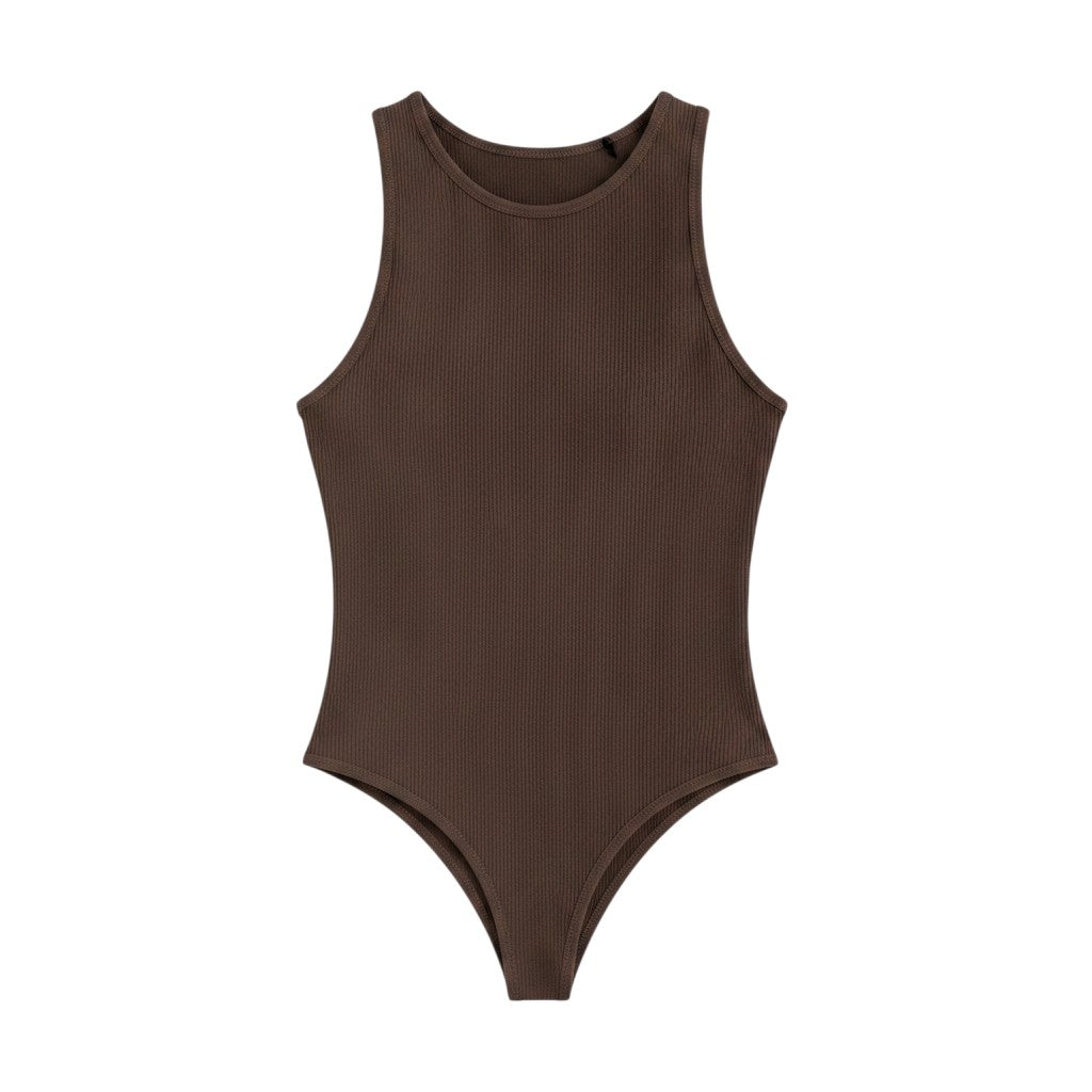 Angie Style Boutique dark brown sleeveless ribbed knit bodysuit with a high crew neckline for a sleek fit.