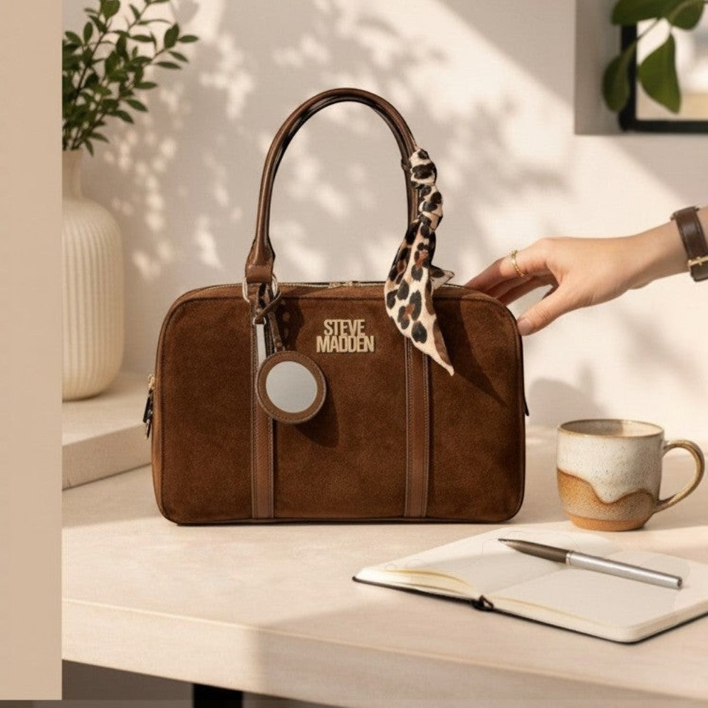 Steve Madden Brown Suede Top-Handle Satchel with Leopard Scarf & Mirror Charm.