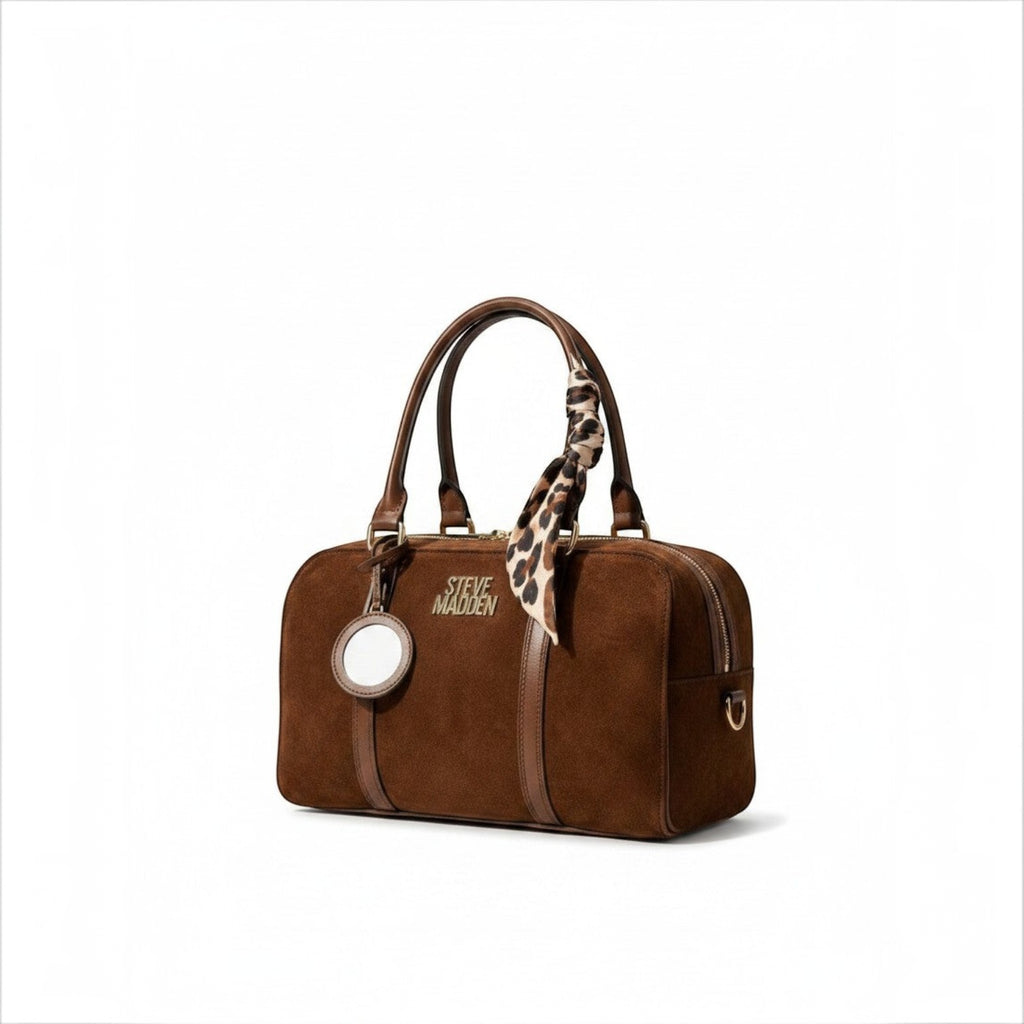 Angie Style Boutique Steve Madden brown suede satchel with leopard print scarf and circular mirror charm
