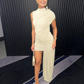 Angie Style Boutique cream asymmetric ruched mini dress with a high neck and elegant draped side panel