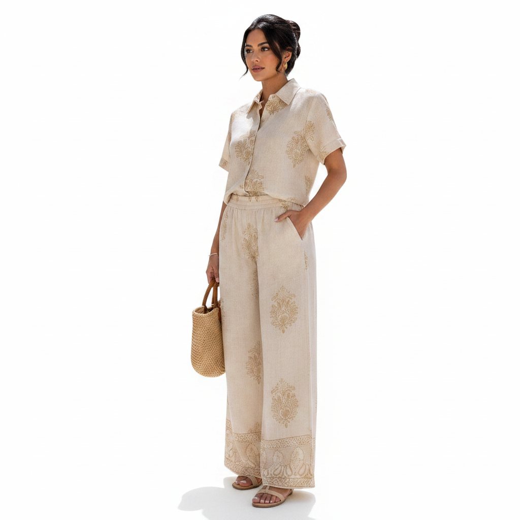 Angie Style Boutique cream and gold floral embroidered two-piece resort set with button-up top and wide-leg pants.