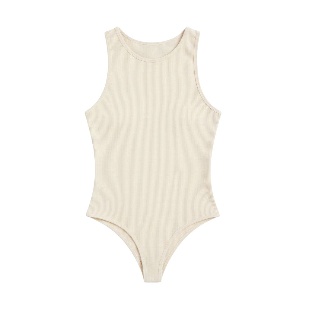 Angie Style Boutique sleeveless cream ribbed knit bodysuit with a high crew neckline and body-con fit.