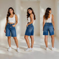 Angie Style Boutique high-rise denim Bermuda shorts with raw hem, worn by a model in front, side, and back views.