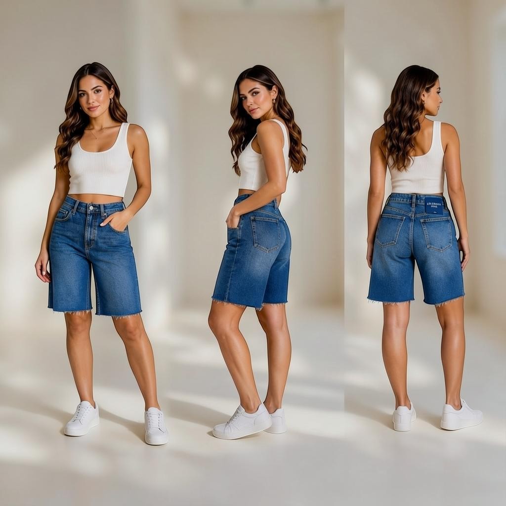 Angie Style Boutique high-rise denim Bermuda shorts with raw hem, worn by a model in front, side, and back views.