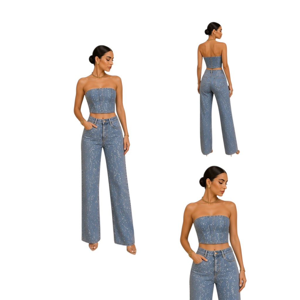 Angie Style Boutique two-piece denim set with a strapless corset top and high-waisted wide-leg pants in blue denim.