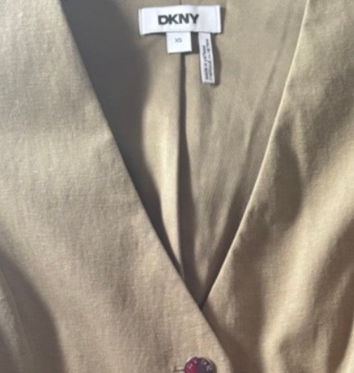 Angie Style Boutique DKNY olive tailored vest with a V-neckline and front button closure.