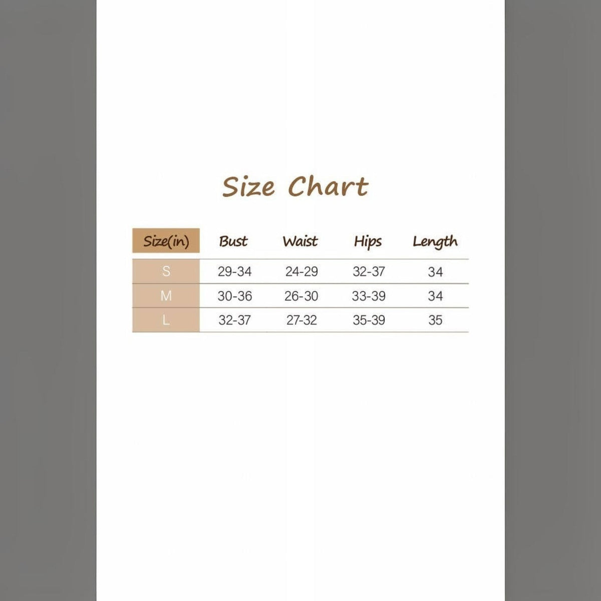 Angie Style Boutique size chart for asymmetric ruched casual dress showing bust, waist, hip, and length measurements