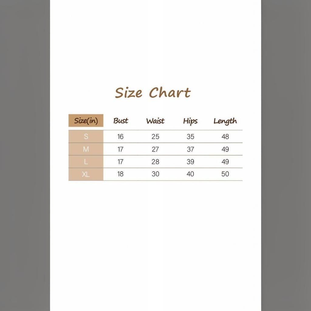 Angie Style Boutique floral embellished evening gown size chart with bust, waist, hip, and length measurements in inches