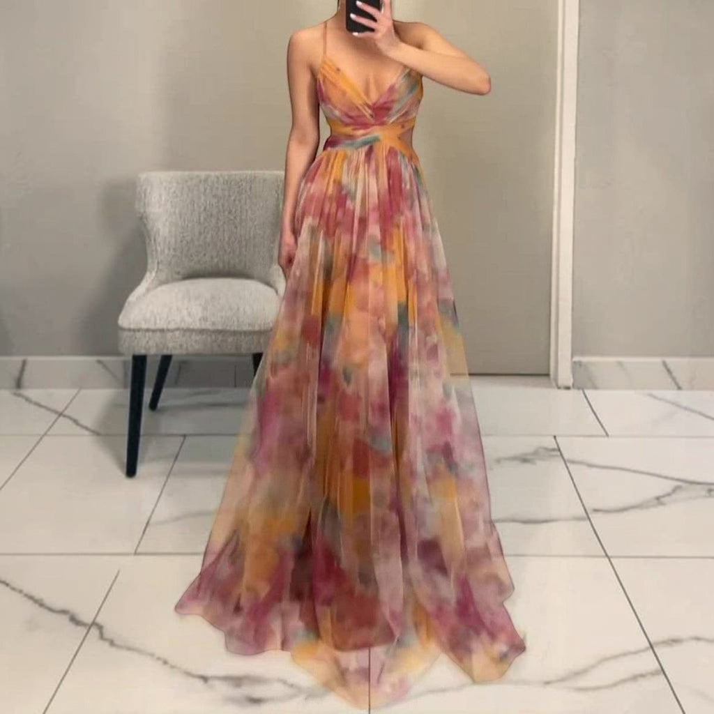 Angie Style Boutique elegant floral evening gown with draped bodice, delicate straps, and flowing polyester skirt.