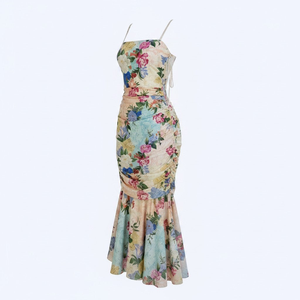 Angie Style Boutique floral mermaid midi dress with a ruched bodice, spaghetti straps, and a flared hemline.