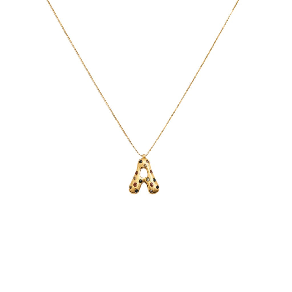 Angie Style Boutique gold bubble letter A necklace with colorful gemstone accents on a delicate chain