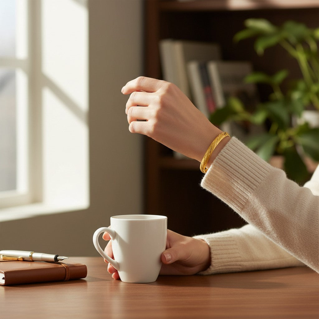 Angie Style Boutique gold chunky dome bangle bracelet worn on a woman's wrist while holding a white coffee mug.