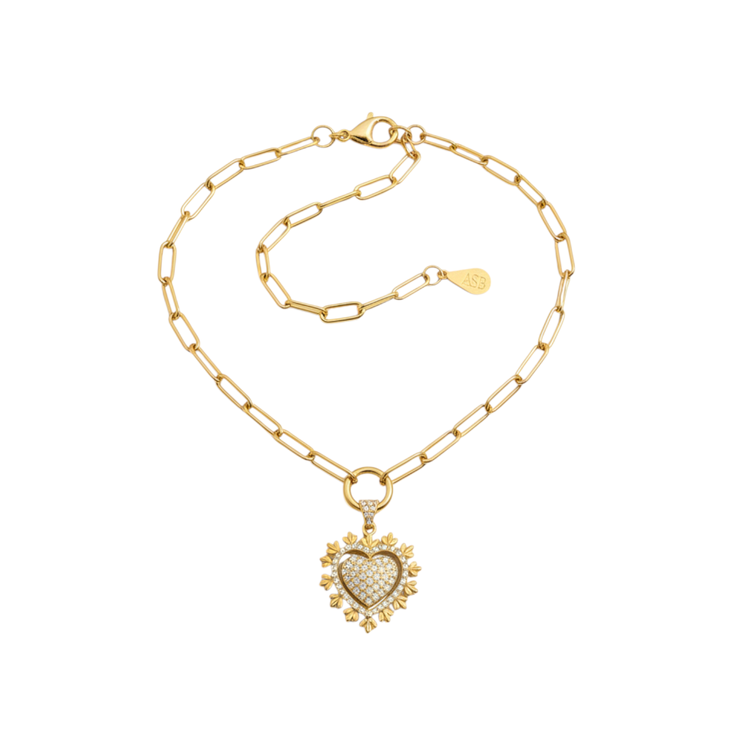 Angie Style Boutique gold chunky link chain necklace featuring a pavé cubic zirconia heart pendant charm.
