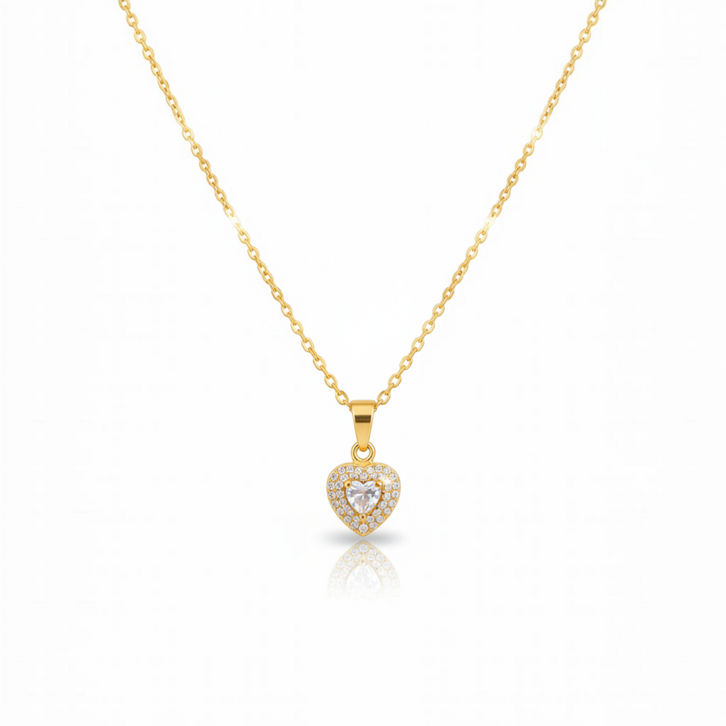 Angie Style Boutique gold heart pendant necklace with sparkling cubic zirconia stones on a delicate gold chain