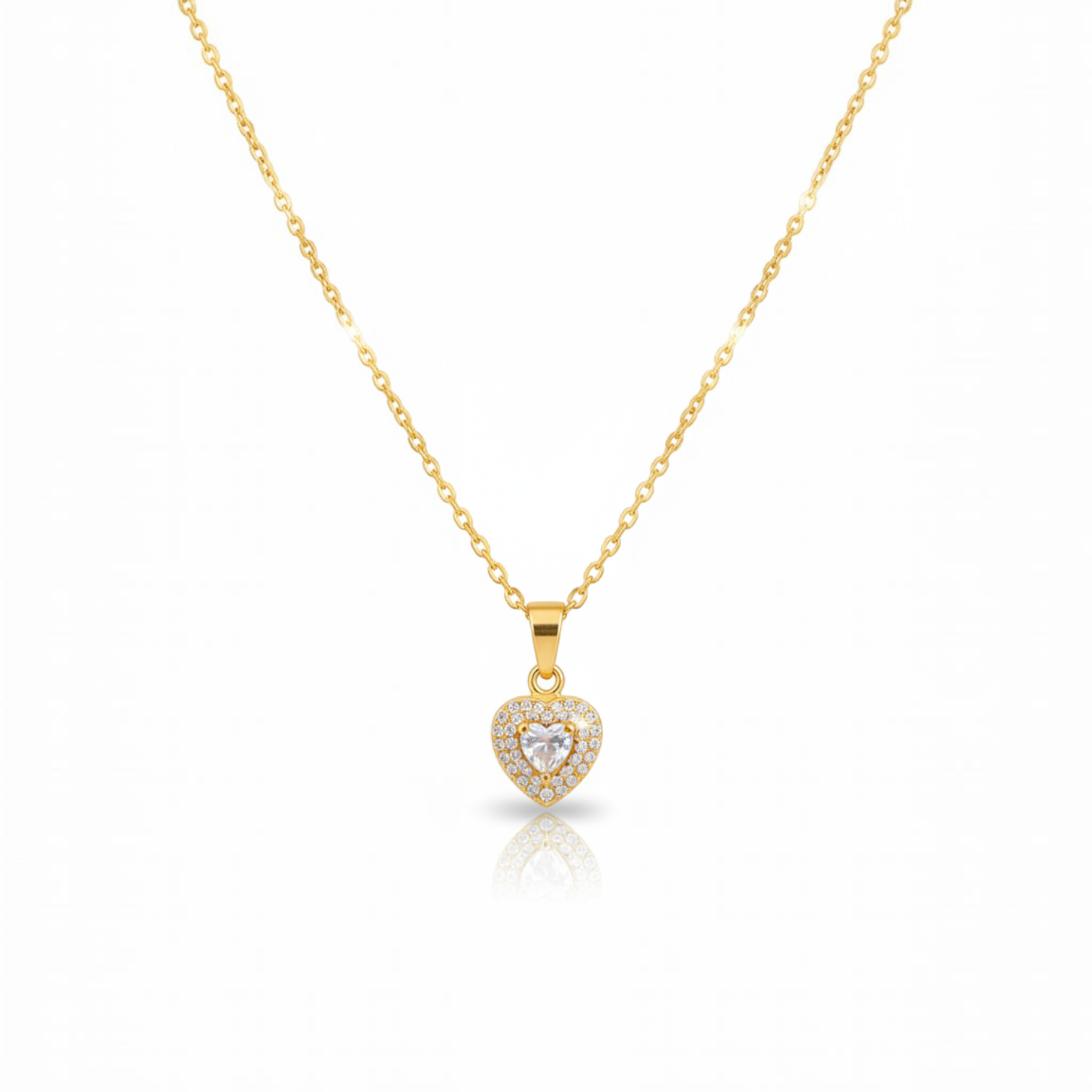 Angie Style Boutique gold heart pendant necklace with sparkling cubic zirconia stones on a delicate gold chain