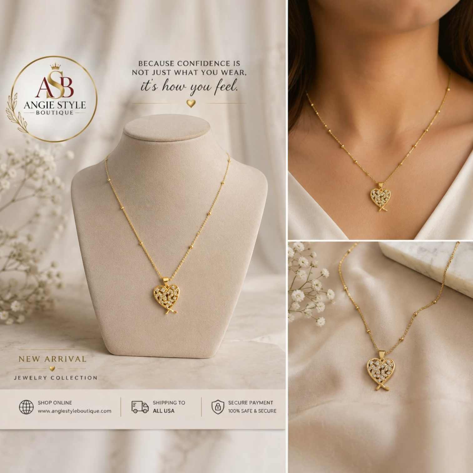 Angie Style Boutique gold heart pendant necklace with shimmering cubic zirconia stones on a delicate chain