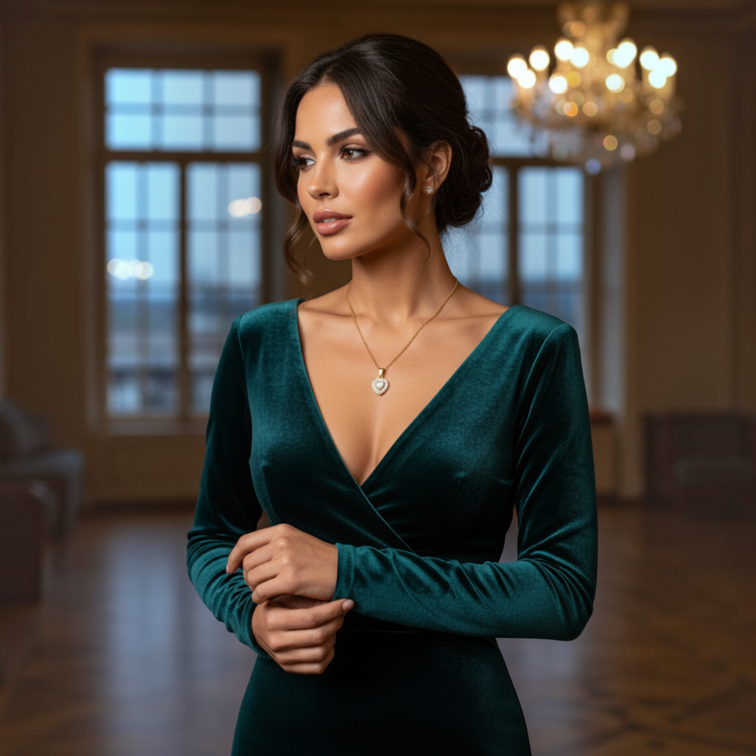 Angie Style Boutique gold heart pendant necklace with cubic zirconia worn by a woman in a dark green velvet dress