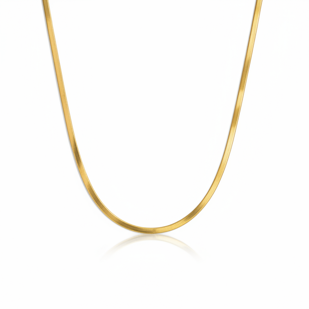 Angie Style Boutique 18k gold-plated flat herringbone chain necklace with a high-polish finish.