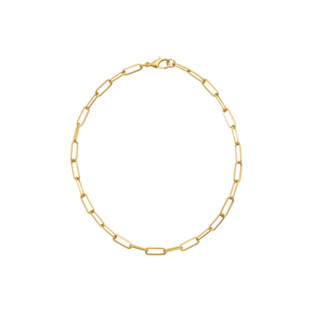 Angie Style Boutique gold paperclip chain necklace with elongated polished oval links and a lobster claw clasp.