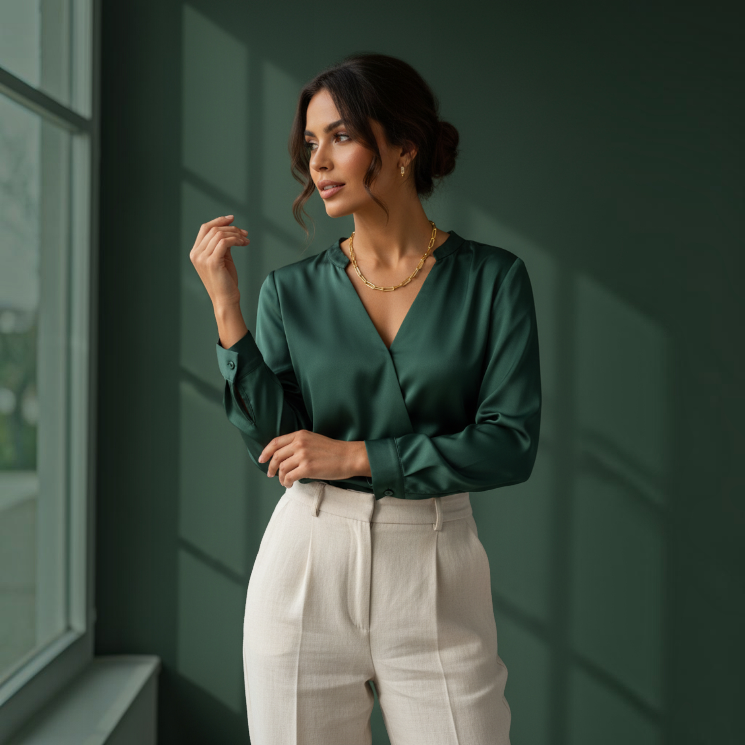 Angie Style Boutique gold paperclip chain necklace worn by a woman in a dark green satin blouse and beige trousers
