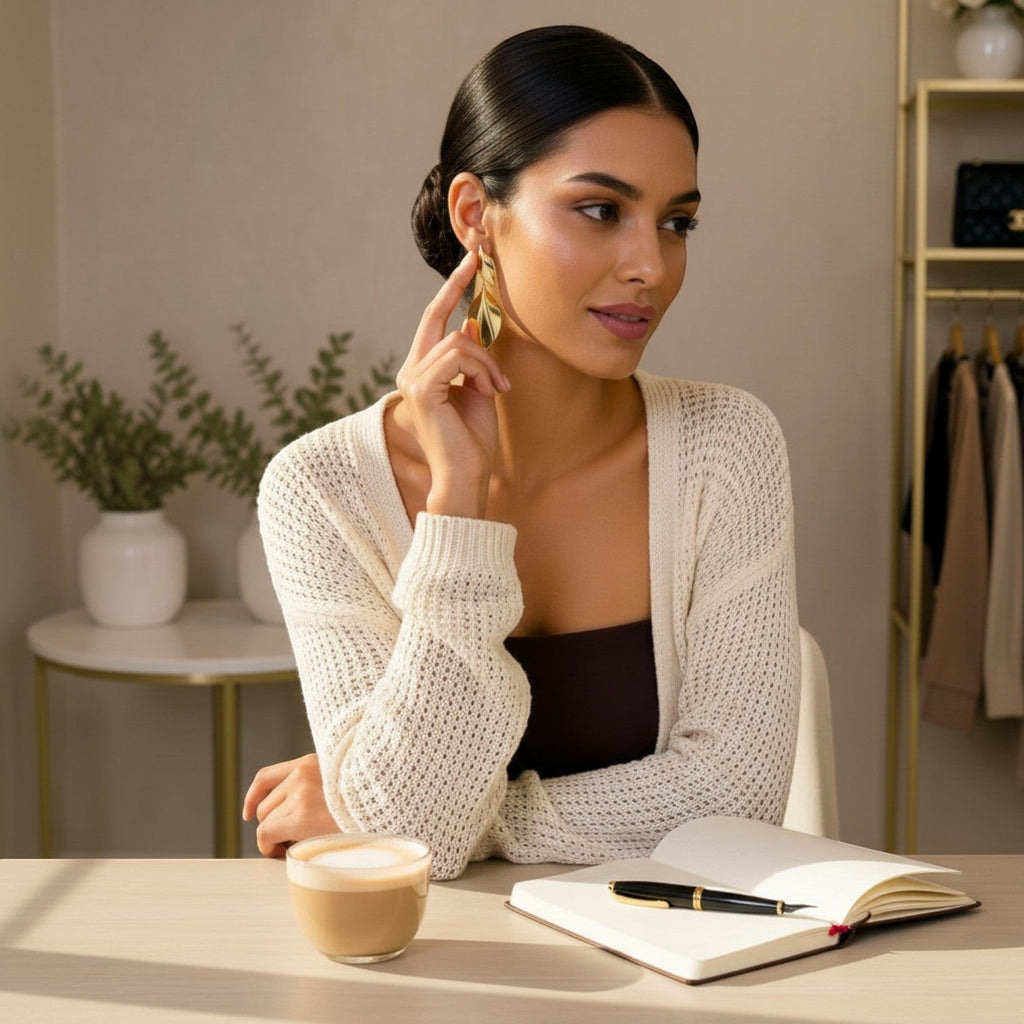 Angie Style Boutique gold chunky teardrop earrings worn by a woman in a cream cardigan at a desk with coffee.