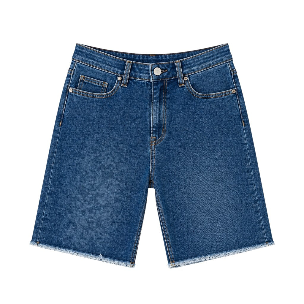 Angie Style Boutique Celebrity Pink high-rise denim Bermuda shorts in medium blue wash with raw hem and five pockets.