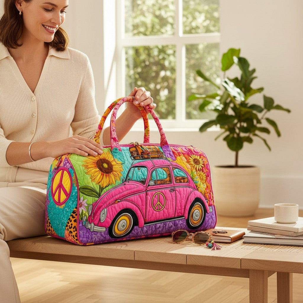 Angie Style Boutique boho hippie van handbag with floral embroidery, rainbow stripes, and peace sign on a wooden table.