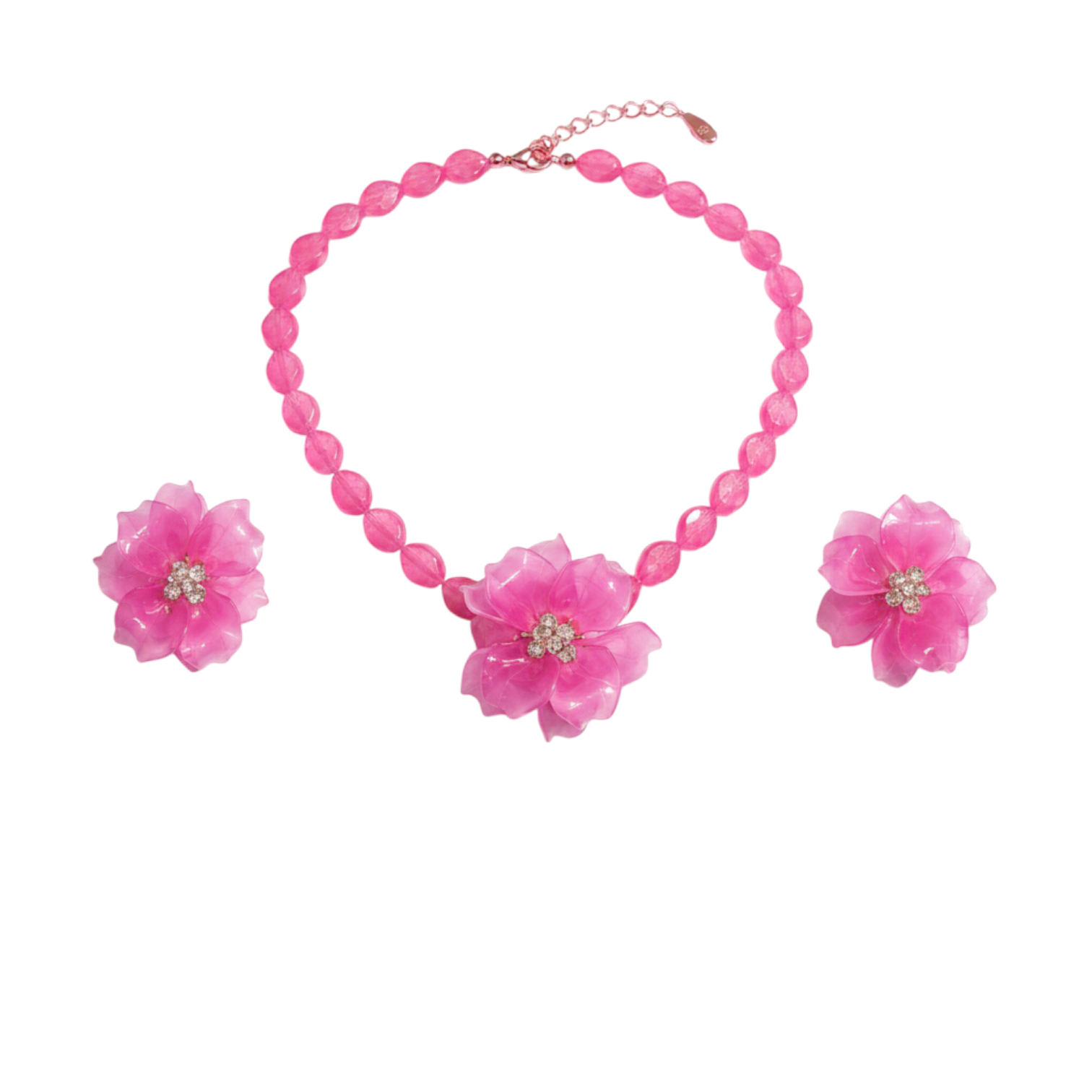 Angie Style Boutique hot pink floral beaded statement necklace and matching flower earring set with crystal centers